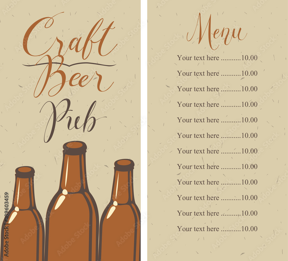 Poster vector menu with price list for pub with craft beer, with a handwritten inscriptions and a picture o
