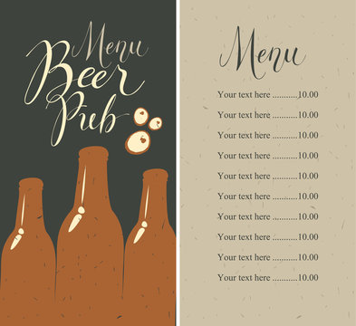 Vector menu with price list for beer pub with a handwritten inscriptions and a picture of three beer bottles on the background of old cardboard in retro style.