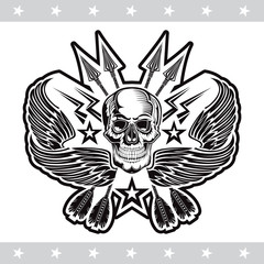 Front view skull with crossed arrows and lightning between wings. Vector heraldic design elements on white