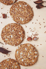 Still life with Wholegrain Round Healthy Biscuits. Fitness and Diet Biscuits. Top View. Vertical Image.