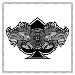 Ace of spades from motorbike wheel in center of chain between two pair of wings. Vintage motorcycle design on white