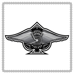 Ace of spades from motorbike wheel in center of spades between pair of wings. Motorcycle design for print or card on white