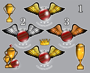 Сricket balls with wings cups and crown. Vector set of sport logo for any team and championship