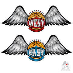 Basketball ball with wings and west and east lettering on white. Vector sport logo for any team and championship