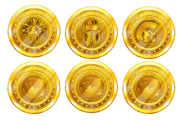 Set of golden crypto coins, bitcoin or titan back and front side. Vector Illustration isolated on white background