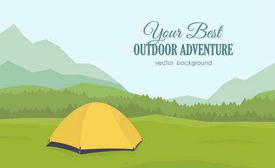Vector illustration: Mountains background with yellow tent © deniskrivoy