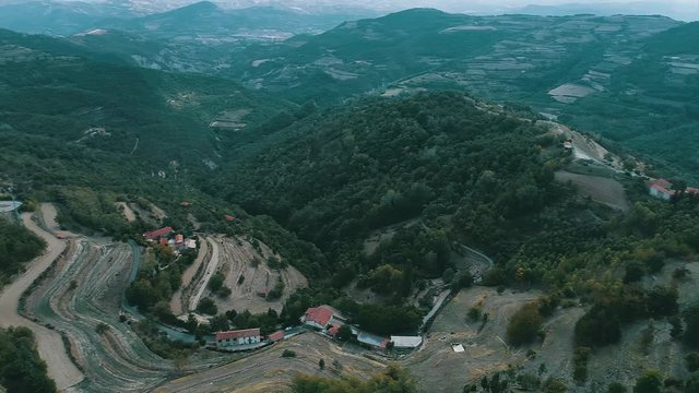 High altitude landscape pan of village in Roccaverano, Italy