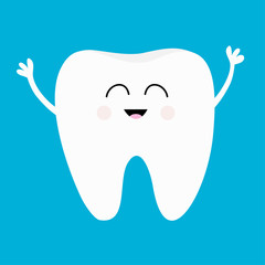 Healthy tooth icon. Smiling head face. Oral dental hygiene. Children teeth care. Cute cartoon character. Hands up. Whitening concept. Blue background. Flat design