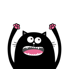 Screaming meowing black cat silhouette holding hands up. Eyes, teeth, tongue, paw print. Cute cartoon funny boo spooky character. Pet baby collection. Flat design. White background. Isolated.