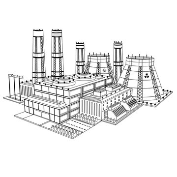 Sketch realistic nuclear power plant isolated on white