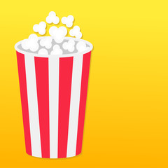 Popcorn round box. Left side template. Movie Cinema icon in flat design style. Pop corn popping. Yellow gradient background. Fast food.
