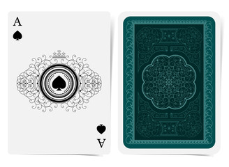 Ace of spades face and back side with blue suit and light curle pattern. Vector card template