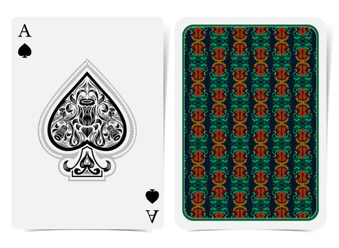 Ace of spades face with narcissus flowers pattern inside spades and back with orange greeb floral pattern on dark suit. Vector card template
