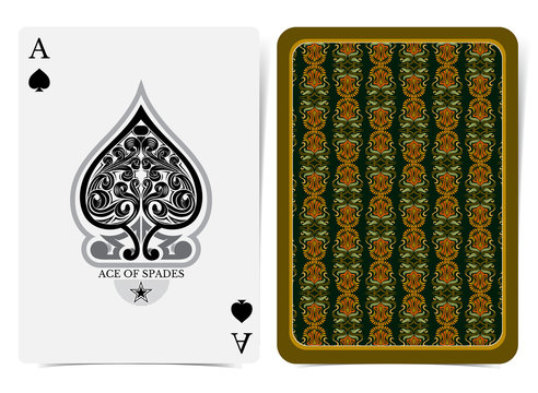 Ace of spades face with floral pattern inside spades and back with orange green floral pattern on dark suit. Vector card template