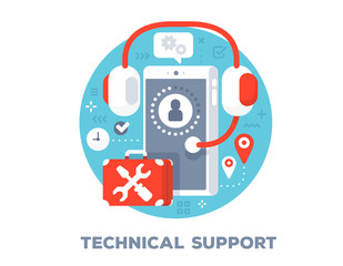 Vector illustration of big phone, headphones, tools and icons. Technical support concept on blue background with title.