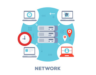Vector bright illustration of big data server is connected to laptops with clock icon. Social network concept on blue background with title.