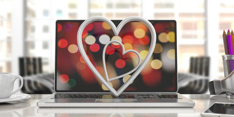 Valentine's day. White attached hearts on a computer, blur office background. 3d illustration