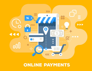 Vector colorful illustration of online store. Online payments concept with big phone, paper money, credit card, icons on blue background with title.