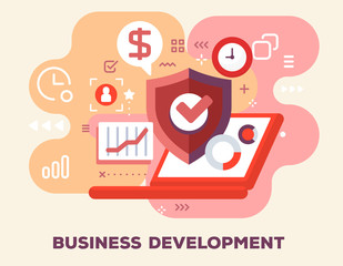 Business development concept on pink background with title. Vector color illustration of big laptop, protective shield, clock and icons.