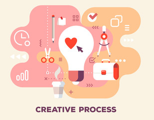 Creative process with office supplies concept on pink background with title. Vector color illustration of big light bulb, cup of coffee, pencil, stationery and icons.