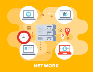 Social network concept on yellow background with title. Vector bright illustration of big data server is connected to laptops with clock icon.