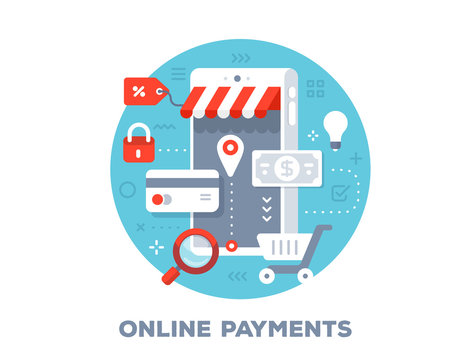 Vector illustration of big phone, paper money, credit card and icons. Online payments concept on blue background with title.
