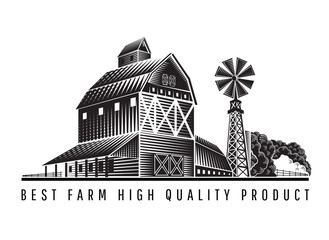 Farm granary and barn with wind mill retro style vintage label © Bohdan Petrushko