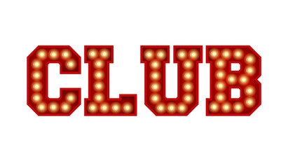 Fototapeta na wymiar Club word made from red vintage lightbulb lettering isolated on a white. 3D Rendering
