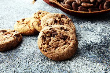 Chocolate cookies on grey table. Chocolate chip cookies shot