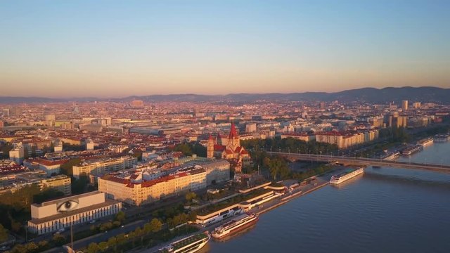 aerial drone flying over vienna city at sunrise leopoldstadt district