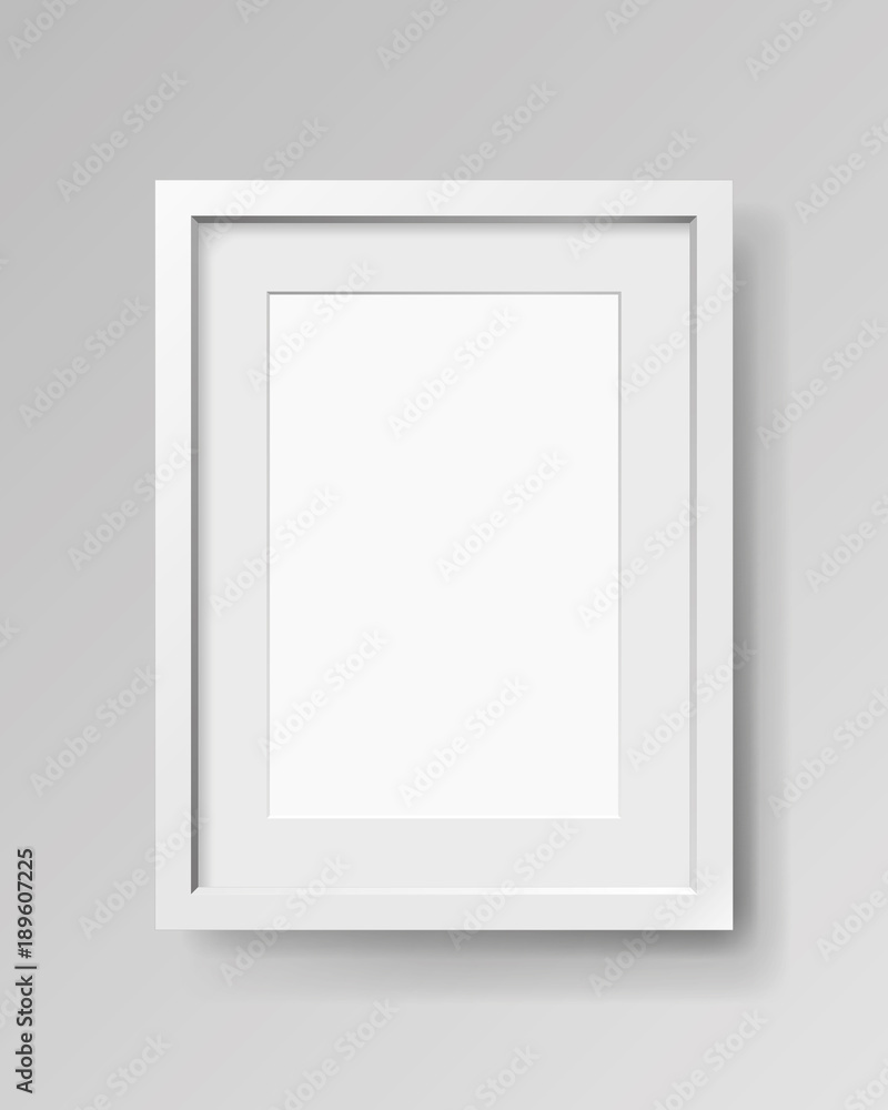 Poster realistic empty rectangular white frame with passepartout on gray background, border for your creati