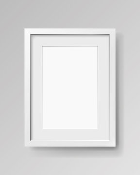 Realistic empty rectangular white frame with passepartout on gray background, border for your creative project, mock-up sample, vector design object