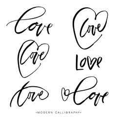 LOVE. Modern brush calligraphy. Handwritten ink lettering. Hand drawn design elements.