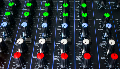 Channel Mixing Console. Control audio panel. Audio and Video Production, broadcast, buttons