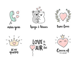 Love doodles set, hand drawn love symbols and Valentines day quotes