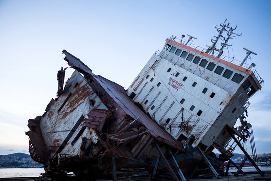 Part Of A Cargo Shipwreck Exterior, Closeup Background.