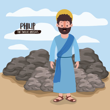 the twelve apostles poster with philip in scene in desert next to the rocks in colorful silhouette vector illustration