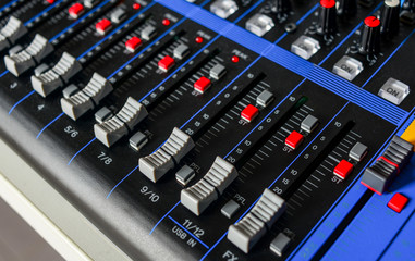 Channel Mixing Console. Control audio panel. Audio and Video Production, broadcast, buttons