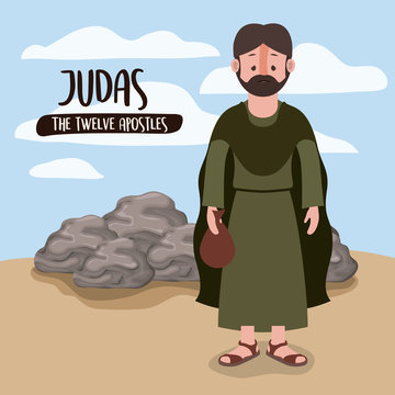 the twelve apostles poster with judas in scene in desert next to the rocks in colorful silhouette vector illustration
