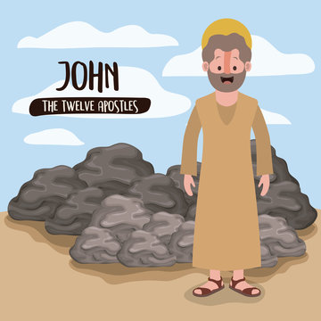 the twelve apostles poster with john in scene in desert next to the rocks in colorful silhouette vector illustration
