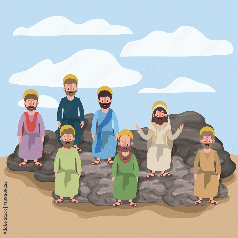 Wall mural scene in desert with apostles sitting on the rocks in colorful silhouette vector illustration