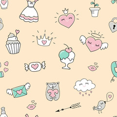 Seamless pattern with hearts and love doodles