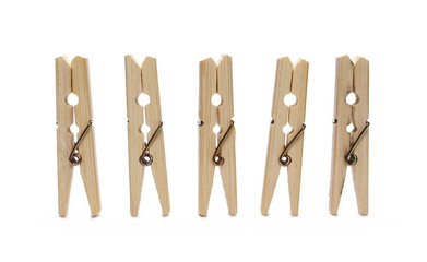 Wooden clothespins set, natural bamboo peg isolated on white background