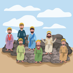 scene in desert with apostles sitting on the rocks in colorful silhouette vector illustration