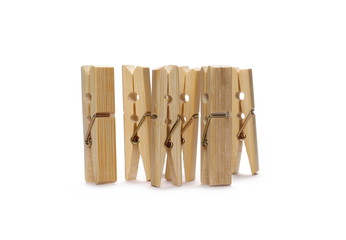 Wooden clothespins set, natural bamboo peg isolated on white background