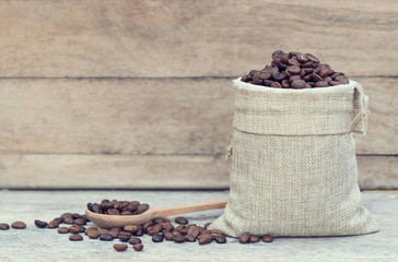 Coffee beans are in brown sack and spoon on a wooden table and fall down. Helps skin smooth and clear. It also makes the blood circulation. Drink concept. Copy space.