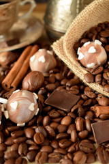 Cake pops with coffee glazing, coffee beans, chocolate pieces and cinnamon sticks