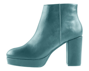 Cyan sea blue woman winter leather ankle platform thick heels boots isolated on white