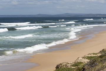 Glentana seaside resort on the Garden Route near George Western Cape, South Africa. December 2017. Coastline looking west and the Indian Ocean
