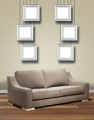 Modern interior with sofa and six hanging alu frame.